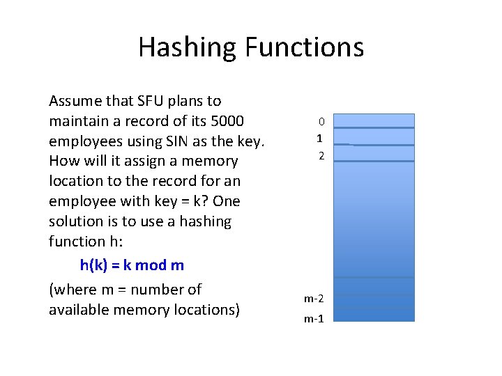 Hashing Functions Assume that SFU plans to maintain a record of its 5000 employees