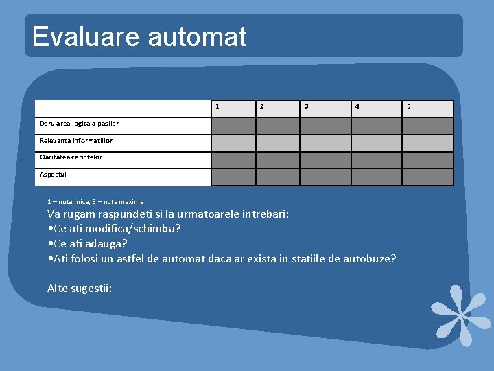 Evaluare automat 1 2 3 4 Derularea logica a pasilor Relevanta informatiilor Claritatea cerintelor Evaluare automat 1 2 3 4 Derularea logica a pasilor Relevanta informatiilor Claritatea cerintelor