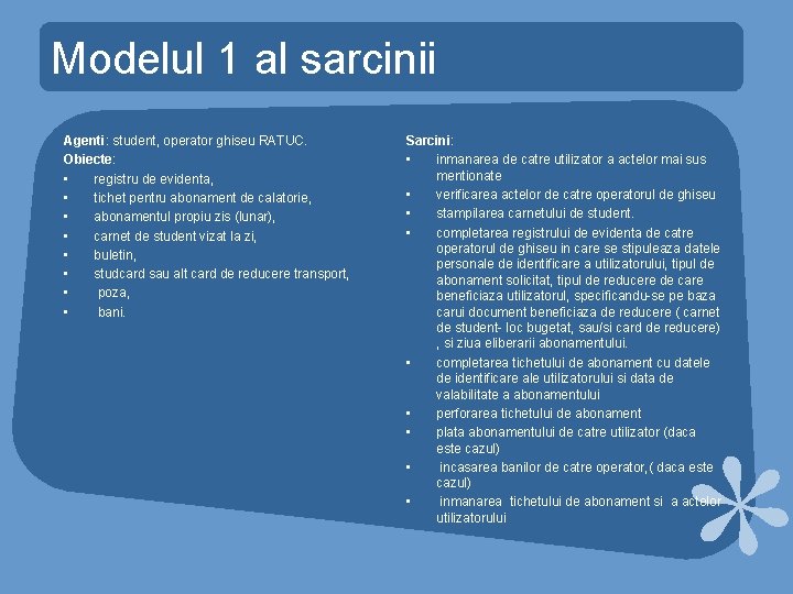 Modelul 1 al sarcinii Agenti: student, operator ghiseu RATUC. Obiecte: • registru de evidenta, Modelul 1 al sarcinii Agenti: student, operator ghiseu RATUC. Obiecte: • registru de evidenta,