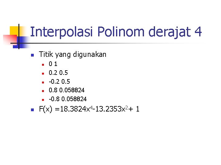 Interpolasi Polinom derajat 4 n Titik yang digunakan n n n 01 0. 2