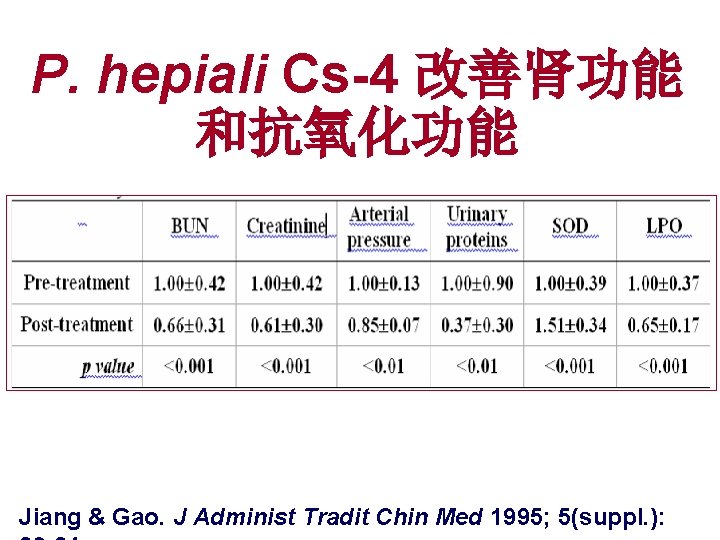 P. hepiali Cs-4 改善肾功能 和抗氧化功能 Jiang & Gao. J Administ Tradit Chin Med 1995;