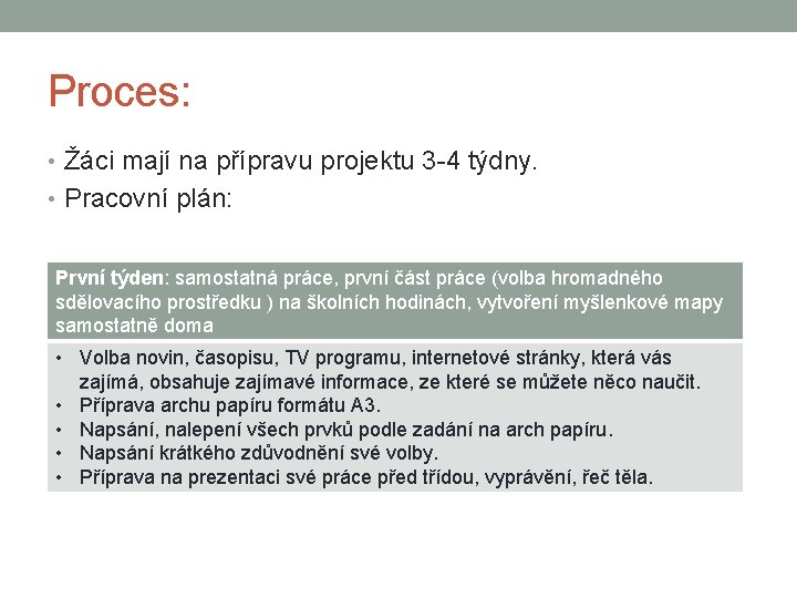 Proces: • Žáci mají na přípravu projektu 3 -4 týdny. • Pracovní plán: První