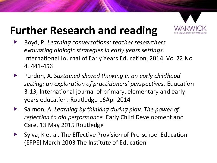 Further Research and reading Boyd, P. Learning conversations: teacher researchers evaluating dialogic strategies in