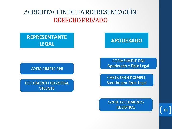 ACREDITACIÓN DE LA REPRESENTACIÓN DERECHO PRIVADO REPRESENTANTE LEGAL COPIA SIMPLE DNI DOCUMENTO REGISTRAL VIGENTE
