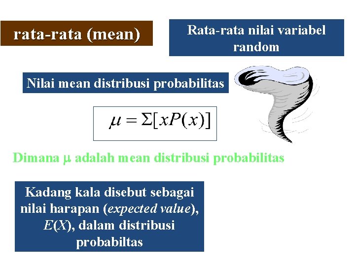 rata-rata (mean) Rata-rata nilai variabel random Nilai mean distribusi probabilitas Dimana m adalah mean
