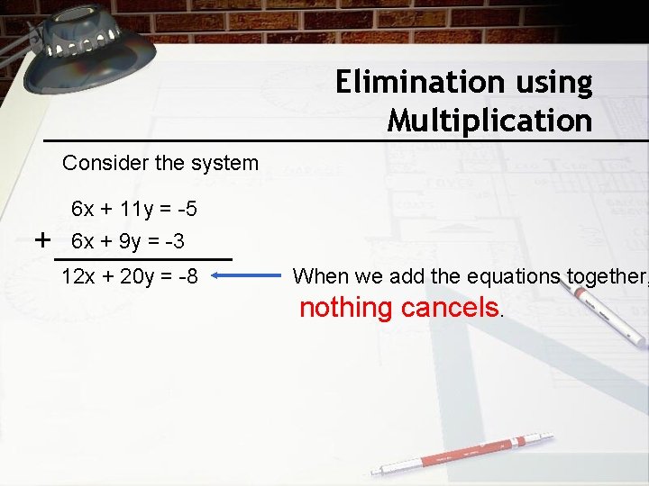 Elimination using Multiplication Consider the system + 6 x + 11 y = -5