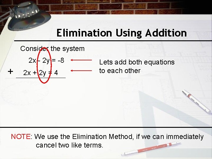 Elimination Using Addition Consider the system 2 x - 2 y = -8 +