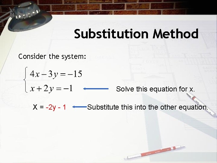 Substitution Method Consider the system: Solve this equation for x. X = -2 y