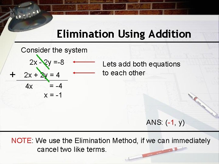 Elimination Using Addition Consider the system 2 x - 2 y =-8 + 2