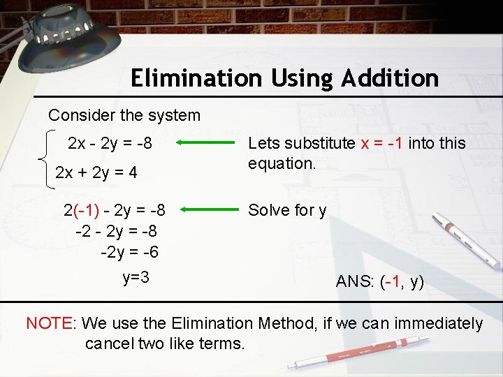 Elimination Using Addition Consider the system 2 x - 2 y = -8 2