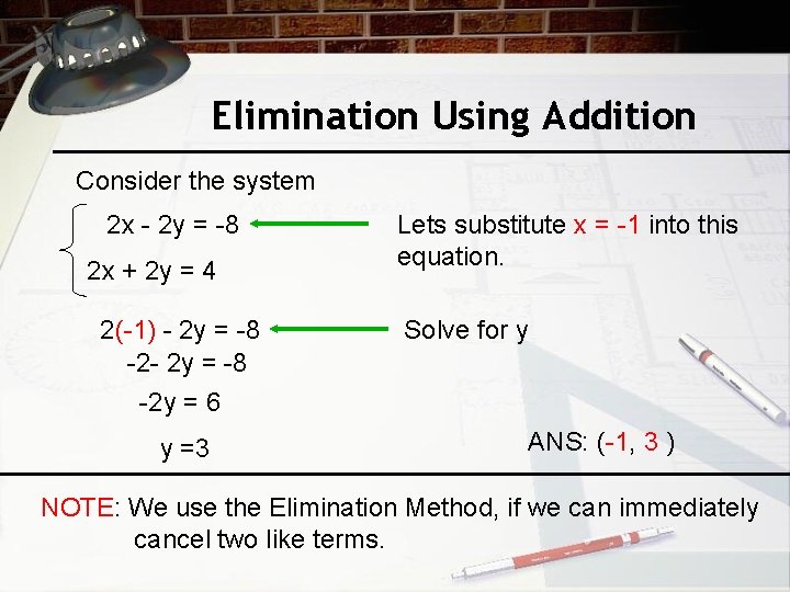 Elimination Using Addition Consider the system 2 x - 2 y = -8 2