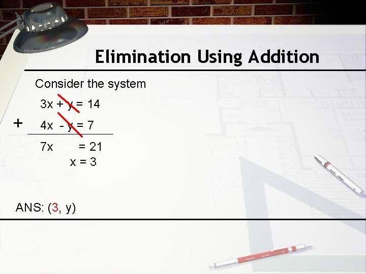 Elimination Using Addition Consider the system 3 x + y = 14 + 4