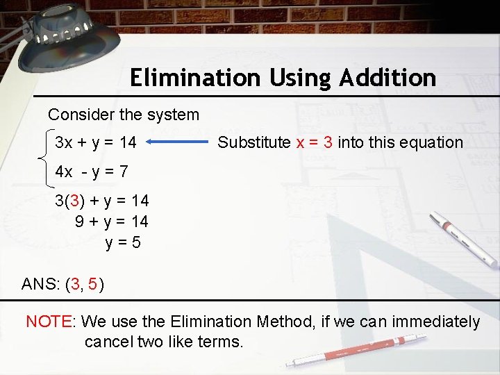 Elimination Using Addition Consider the system 3 x + y = 14 Substitute x