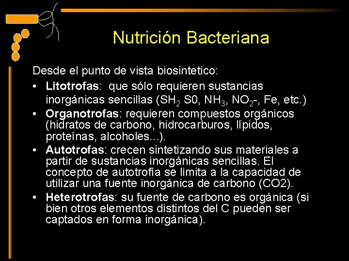 Nutrición Bacteriana Desde el punto de vista biosintetico: • Litotrofas: que sólo requieren sustancias