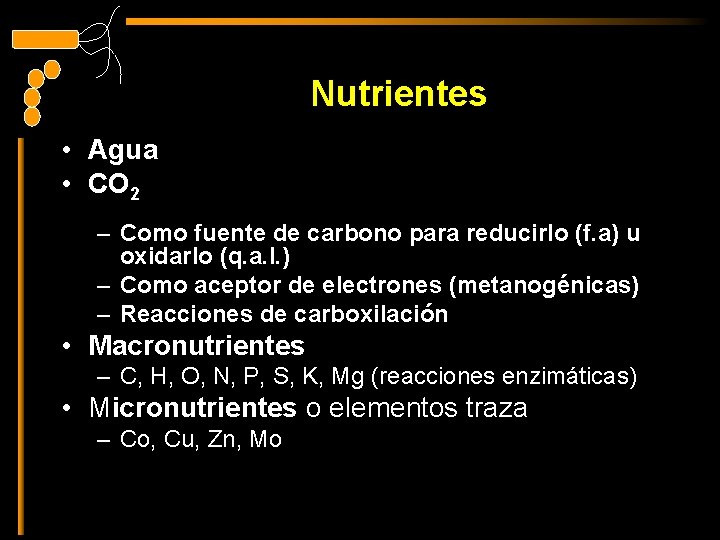 Nutrientes • Agua • CO 2 – Como fuente de carbono para reducirlo (f.