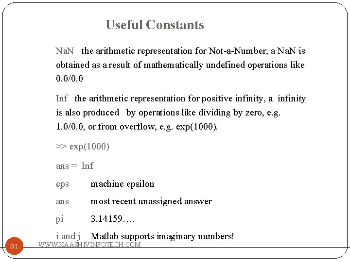 Useful Constants Na. N the arithmetic representation for Not-a-Number, a Na. N is obtained