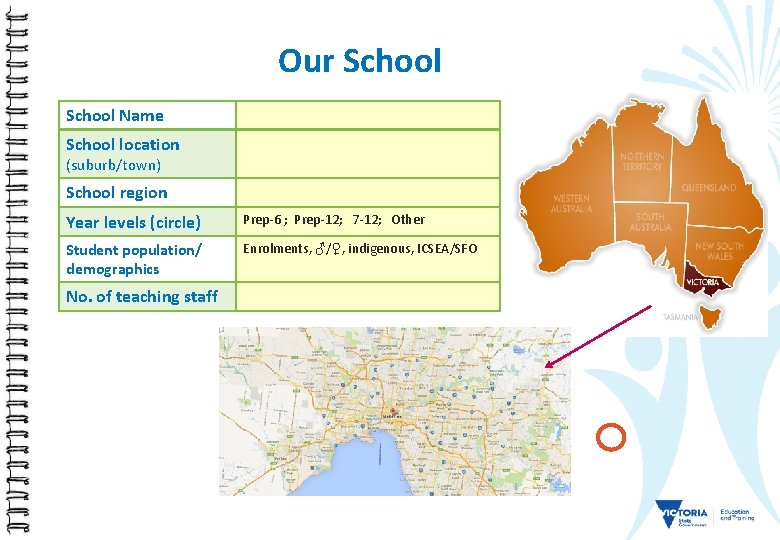 Our School Name School location (suburb/town) School region Year levels (circle) Prep-6 ; Prep-12;