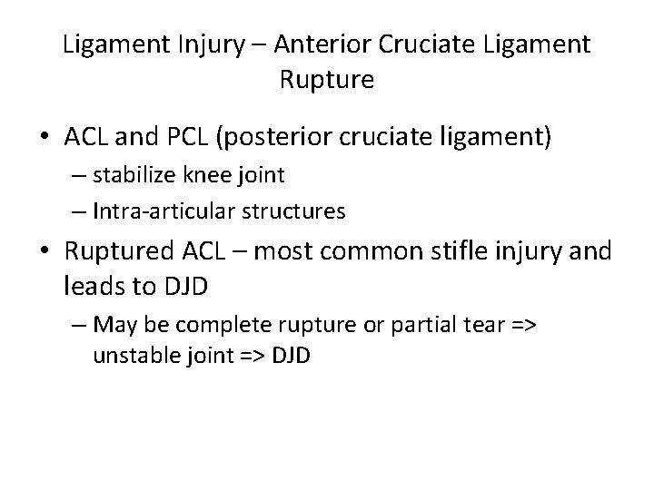 Ligament Injury – Anterior Cruciate Ligament Rupture • ACL and PCL (posterior cruciate ligament)