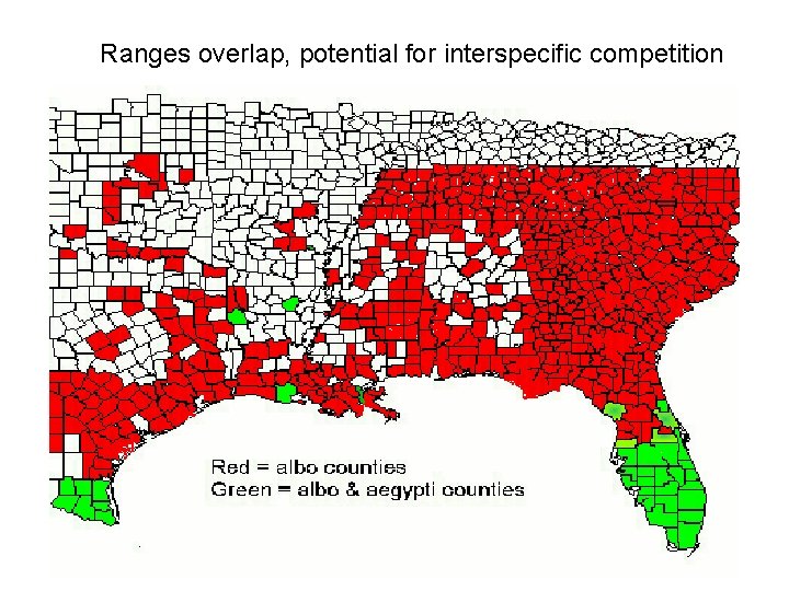 Ranges overlap, potential for interspecific competition 