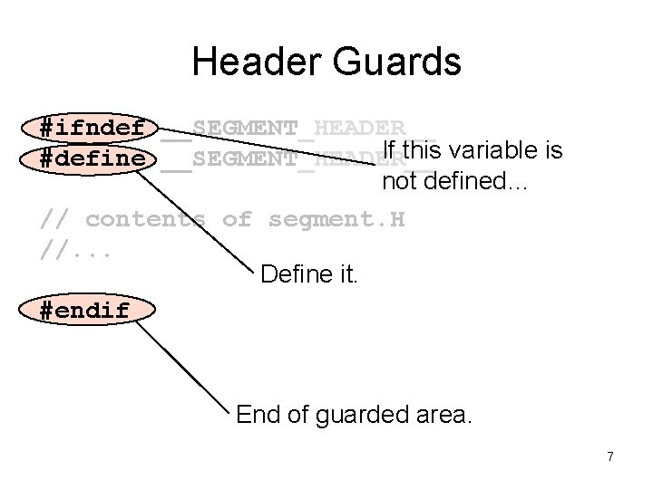 Header Guards #ifndef __SEGMENT_HEADER__ If this variable is #define __SEGMENT_HEADER__ not defined… // contents