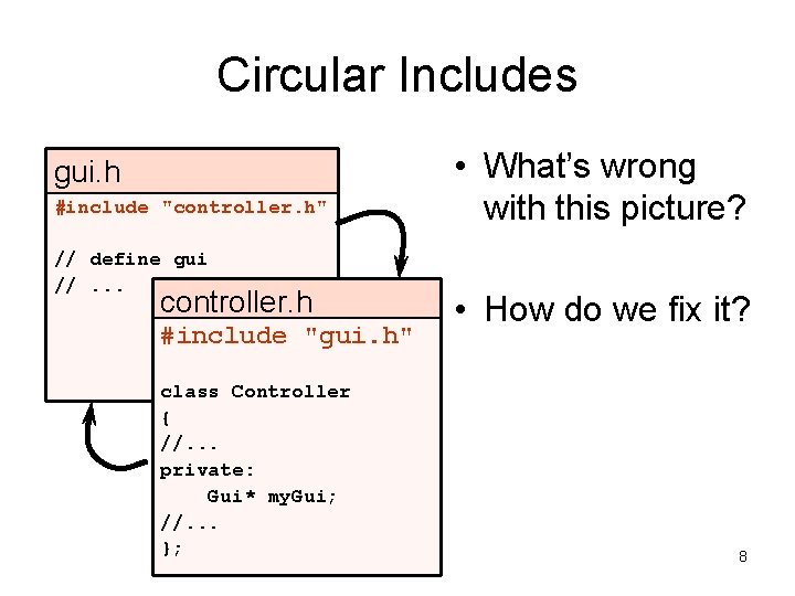 Circular Includes gui. h #include "controller. h" // define gui //. . . controller.