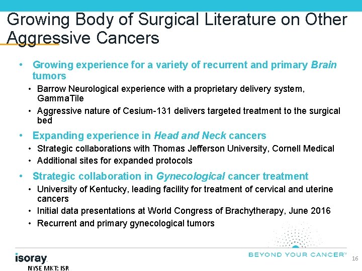 Growing Body of Surgical Literature on Other Aggressive Cancers • Growing experience for a