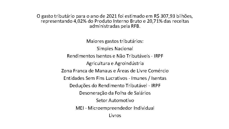 O gasto tributário para o ano de 2021 foi estimado em R$ 307, 93