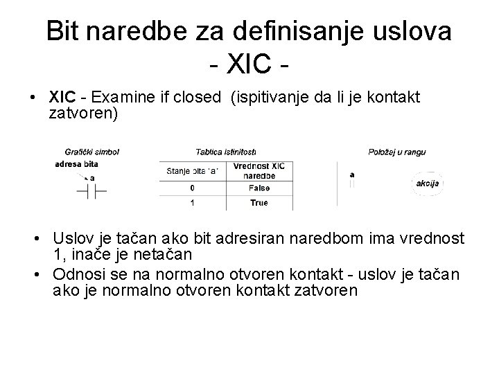 Bit naredbe za definisanje uslova - XIC • XIC - Examine if closed (ispitivanje