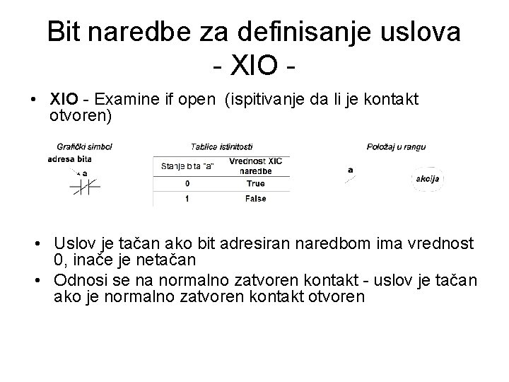 Bit naredbe za definisanje uslova - XIO • XIO - Examine if open (ispitivanje