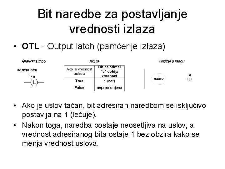 Bit naredbe za postavljanje vrednosti izlaza • OTL - Output latch (pamćenje izlaza) •