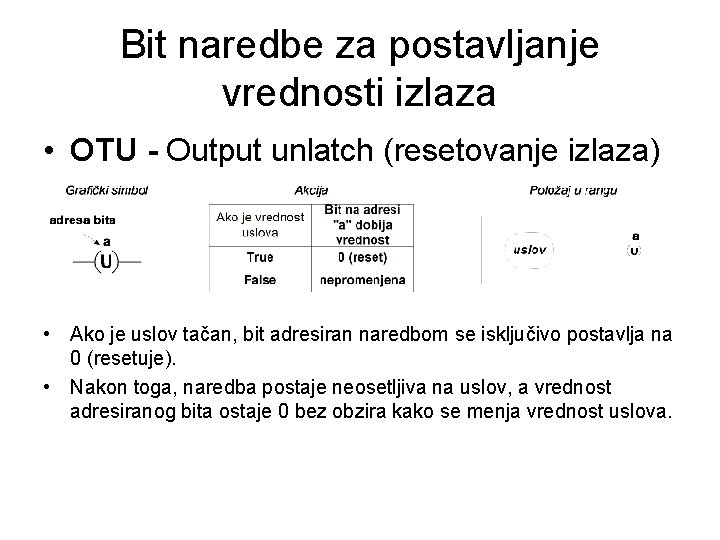 Bit naredbe za postavljanje vrednosti izlaza • OTU - Output unlatch (resetovanje izlaza) •