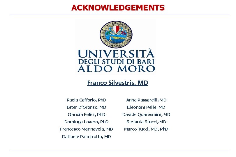 ACKNOWLEDGEMENTS Franco Silvestris, MD Paola Cafforio, Ph. D Anna Passarelli, MD Ester D’Oronzo, MD
