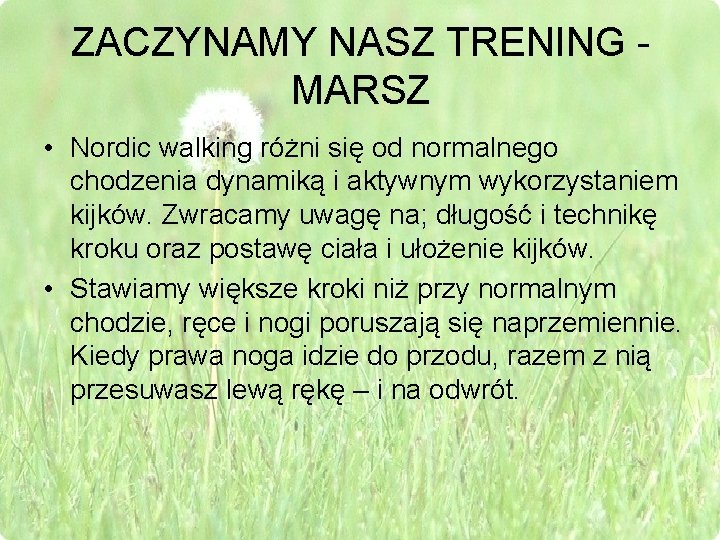 ZACZYNAMY NASZ TRENING - MARSZ • Nordic walking różni się od normalnego chodzenia dynamiką