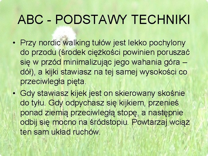 ABC - PODSTAWY TECHNIKI • Przy nordic walking tułów jest lekko pochylony do przodu