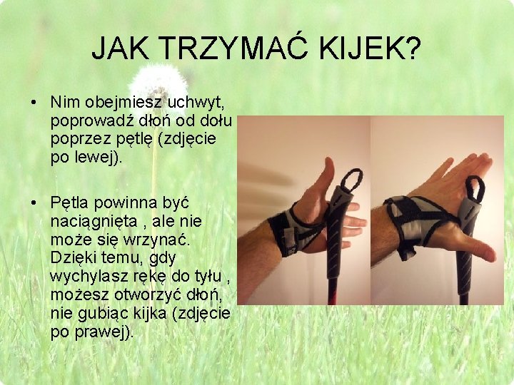 JAK TRZYMAĆ KIJEK? • Nim obejmiesz uchwyt, poprowadź dłoń od dołu poprzez pętlę (zdjęcie