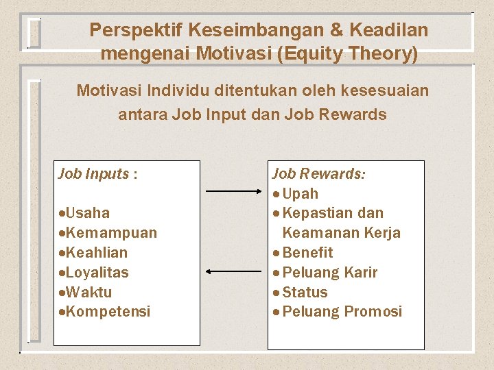 Perspektif Keseimbangan & Keadilan mengenai Motivasi (Equity Theory) Motivasi Individu ditentukan oleh kesesuaian antara