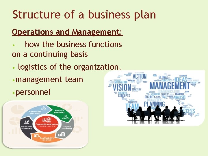 Structure of a business plan Operations and Management: how the business functions on a