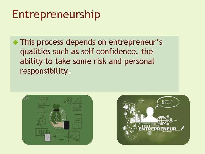 Entrepreneurship This process depends on entrepreneur’s qualities such as self confidence, the ability to