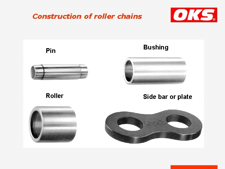 Construction of roller chains Pin Roller Bushing Side bar or plate 