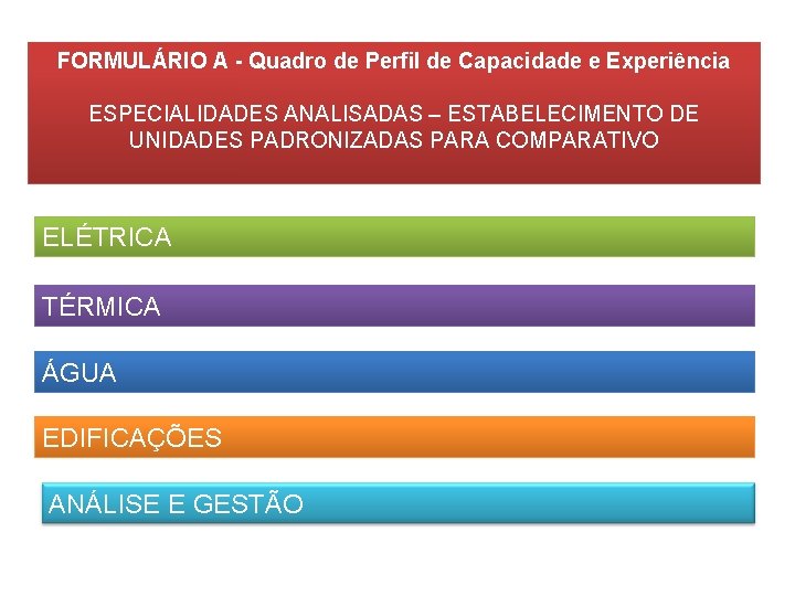 FORMULÁRIO A - Quadro de Perfil de Capacidade e Experiência ESPECIALIDADES ANALISADAS – ESTABELECIMENTO