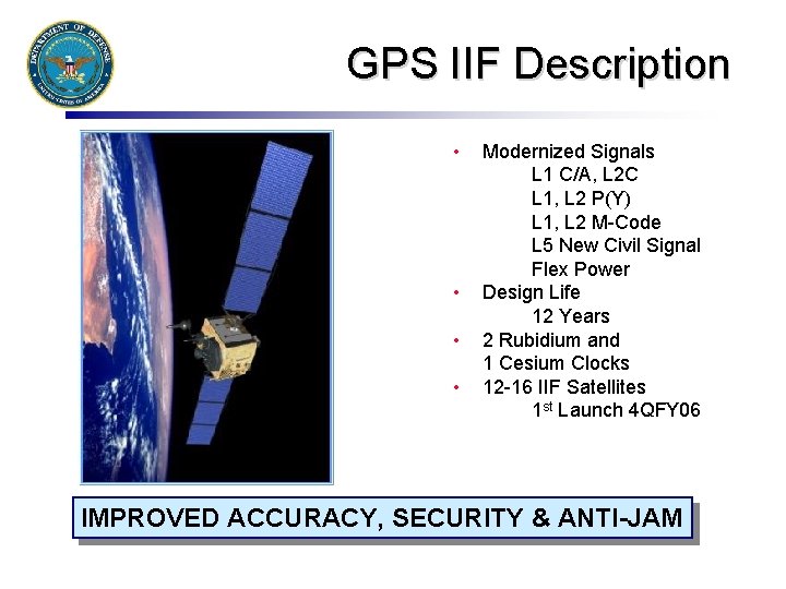 GPS IIF Description • • Modernized Signals L 1 C/A, L 2 C L