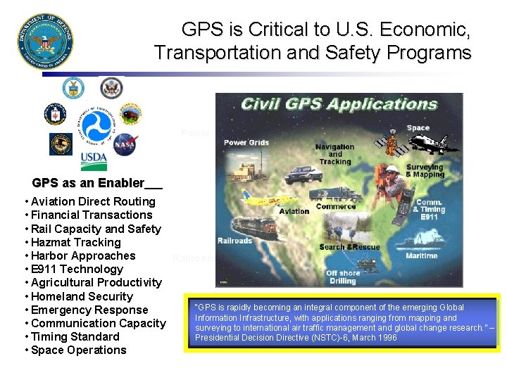 GPS is Critical to U. S. Economic, Transportation and Safety Programs Space Power Grids