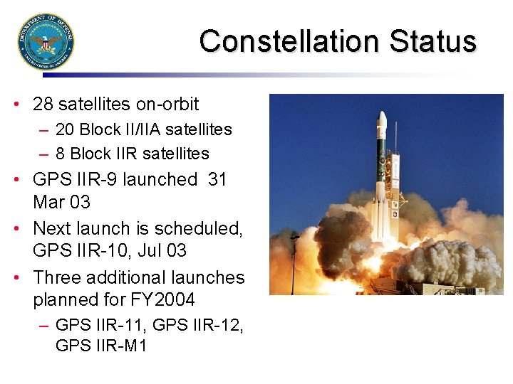 Constellation Status • 28 satellites on-orbit – 20 Block II/IIA satellites – 8 Block