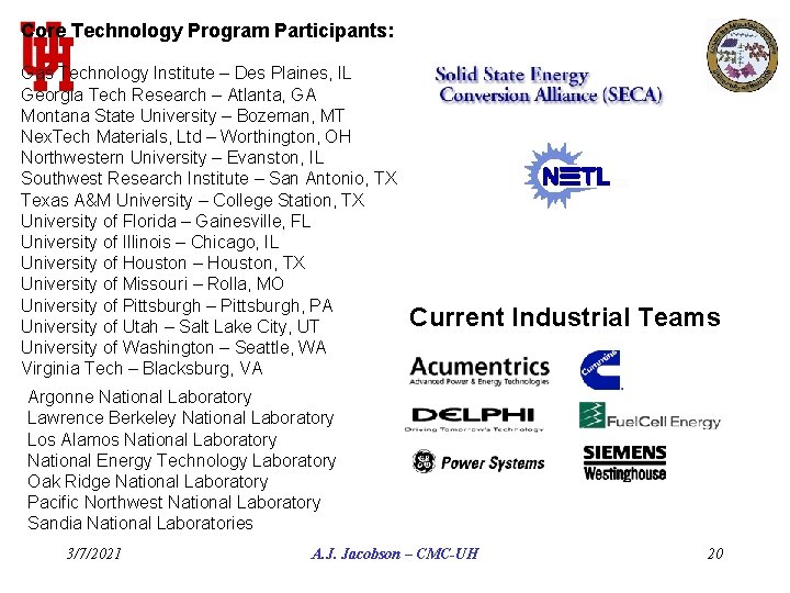 Core Technology Program Participants: Gas Technology Institute – Des Plaines, IL Georgia Tech Research
