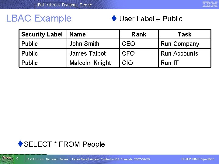 IBM Informix Dynamic Server LBAC Example t User Label – Public Security Label Name