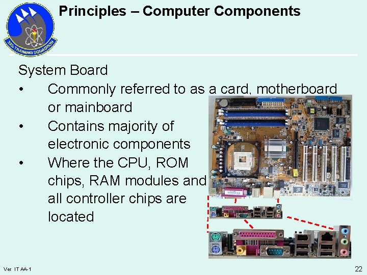 Principles – Computer Components System Board • Commonly referred to as a card, motherboard