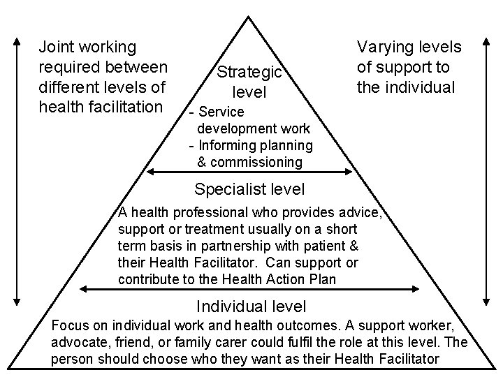Joint working required between different levels of health facilitation Strategic level Varying levels of