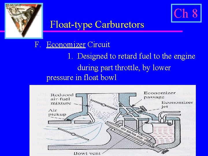 Float-type Carburetors Ch 8 F. Economizer Circuit 1. Designed to retard fuel to the