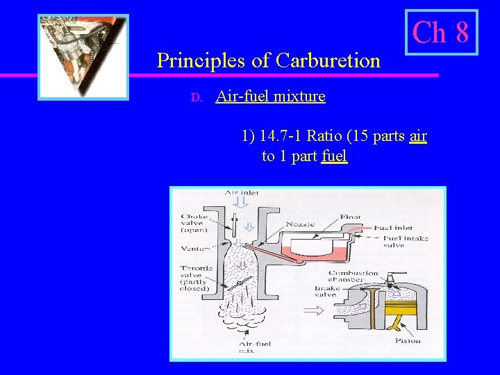 Principles of Carburetion D. Ch 8 Air-fuel mixture 1) 14. 7 -1 Ratio (15