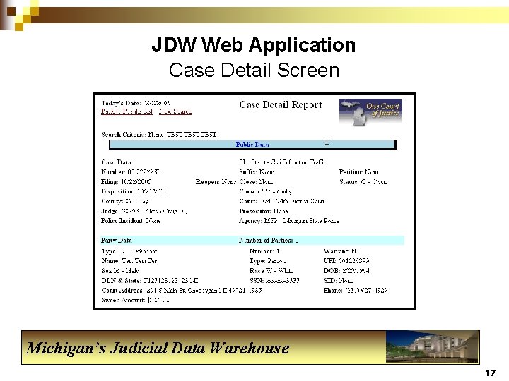 JDW Web Application Case Detail Screen Michigan’s Judicial Data Warehouse 17 